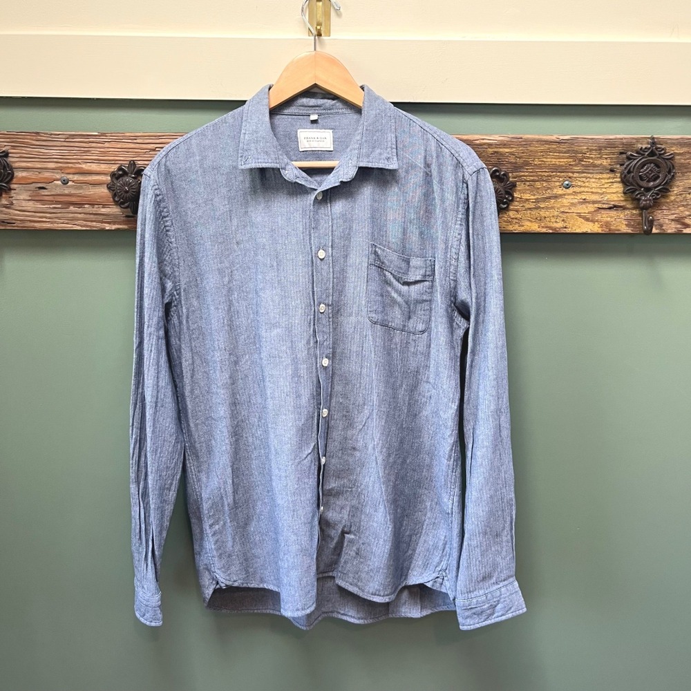 Frank & Oak Mens Blue Herringbone Cotton Button Down Shirt Style 111215 Large